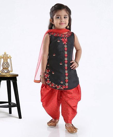 Babyhug Sleeveless Top With Patiala Bottom & Dupatta Set Floral Embroidered - Black