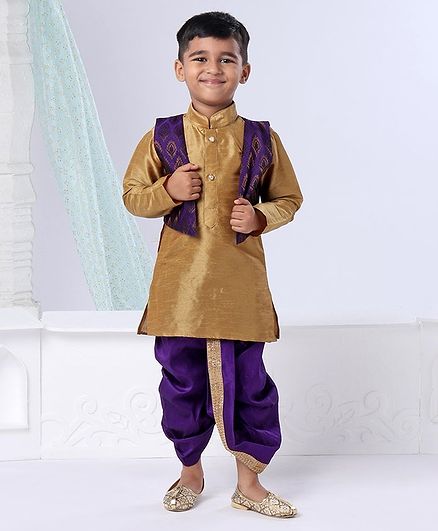 Ridokidz Full Sleeves Kurta With Self Design Jacket & Dhoti - Beige & Purple