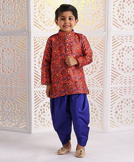Ridokidz Full Sleeves Abstract Print Kurta With Dhoti - Orange & Blue