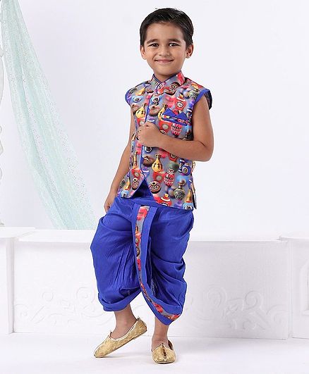 Ridokidz Sleeveless Pottery Art Print Kurta With Dhoti - Blue