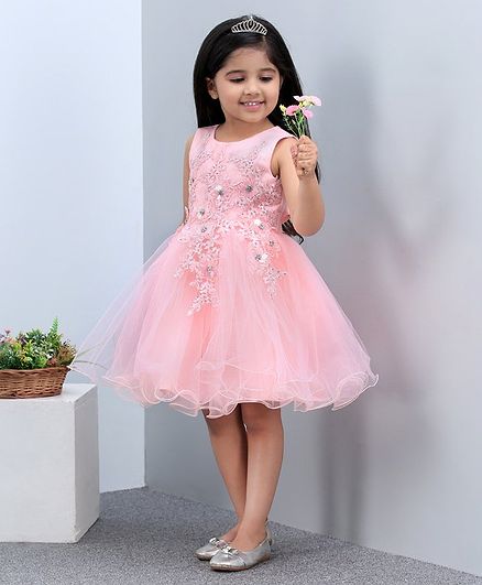Mark & Mia Sleeveless Floral Embroidered & Embellished Party Frock - Light Pink