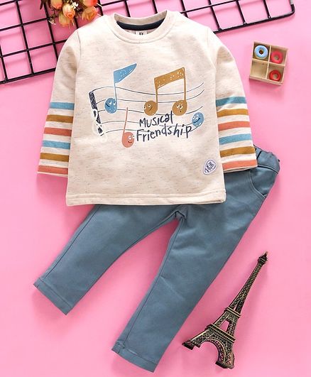 ToffyHouse Full Sleeves Tee & Bottoms Set Musical Notes Print - Cream Grey