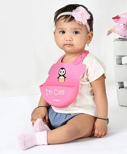 Babyhug Silicone Bib Penguin Print - Pink
