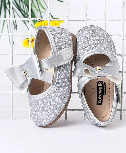 Cute Walk by Babyhug Party Wear Belly Shoes Bow Appliques - Silver