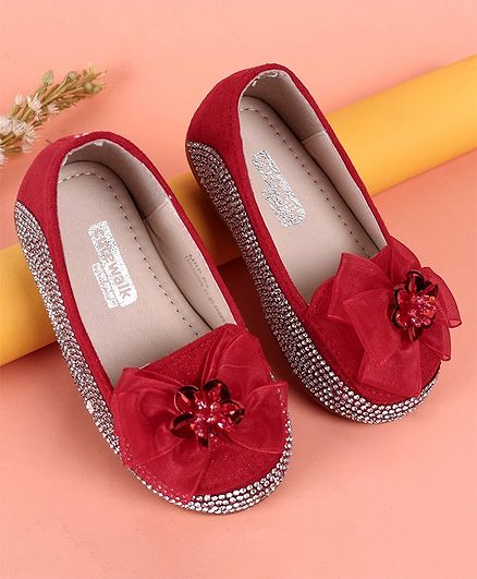 Cute Walk by Babyhug Studded Belly Shoes Bow Detail - Red