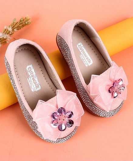Cute Walk by Babyhug Party Wear Studded Belly Shoes Bow Applique - Pink