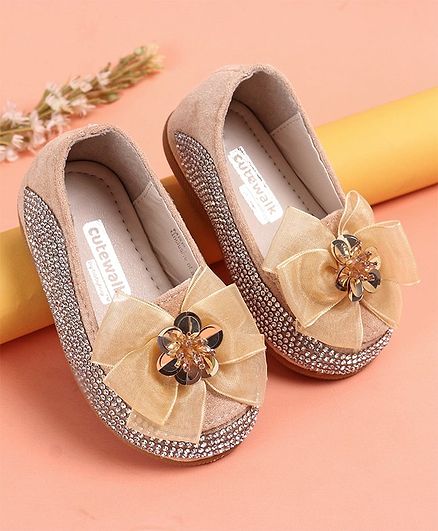 Cute Walk by Babyhug Party Wear Studded Belly Shoes Bow Applique - Cream