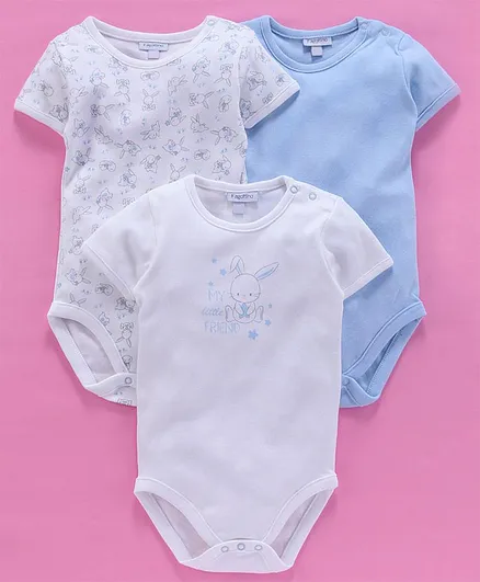 OVS Rabbit Print Half Sleeves Pack Of 3 Onesies - White & Blue