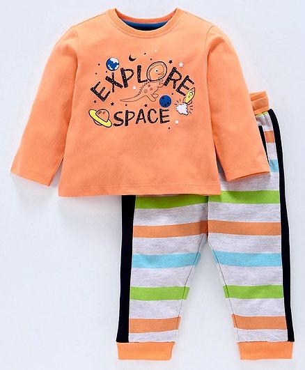 Babyoye Full Sleeves Tee & Striped Lounge Pant Space Print - Orange