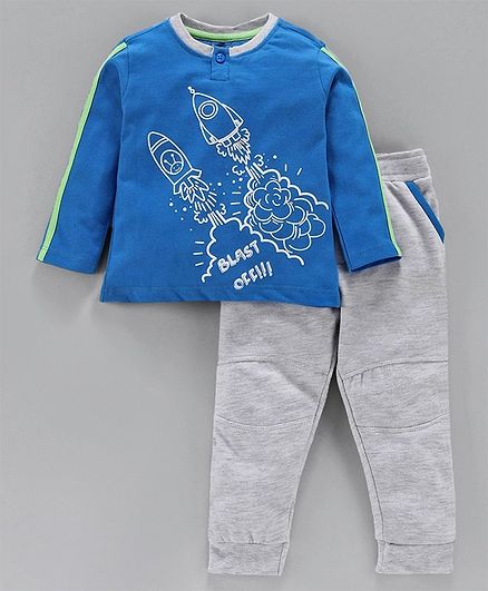 Babyoye Full Sleeves Tee & Lounge Pant Rocket Print - Blue