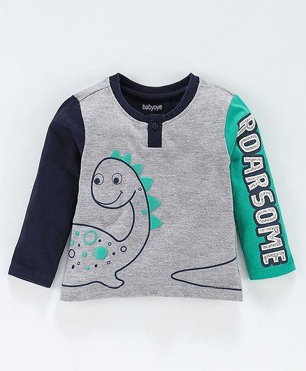 Babyoye Full Sleeves Cotton Tee Dino Print - Grey