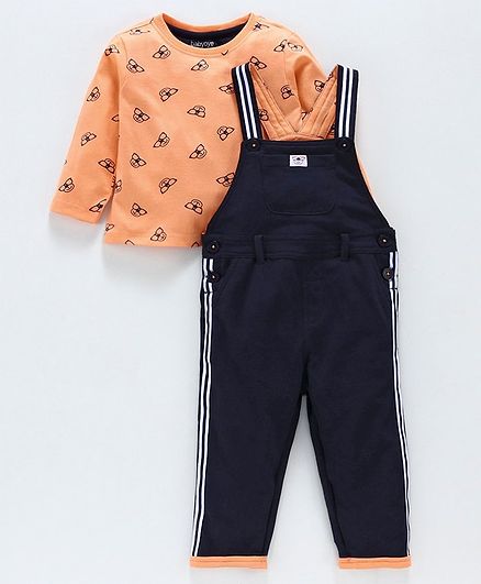 Babyoye Cotton Dungaree & Printed Tee - Light Orange & Navy Blue