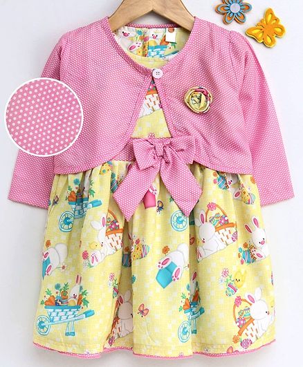 Dew Drops Short Sleeves Frock With Full Sleeves Shrug Bunny Print - Yellow Pink