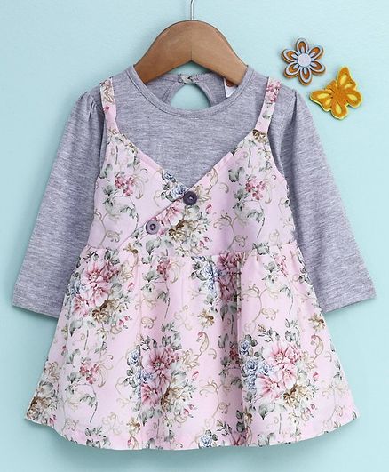 Dew Drops Full Sleeves Frock Floral Print - Grey Pink