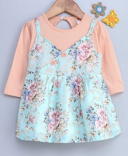 Dew Drops Full Sleeves Frock Floral Print - Peach Blue