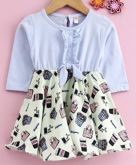 Dew Drops Full Sleeves Frock Multiprint - Blue