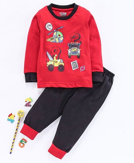 Eteenz Full Sleeves Tee With Lounge Pants Vehicle Print - Red