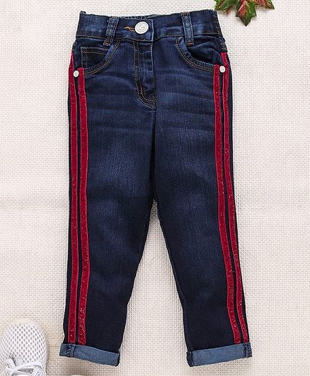 Little Kangaroos Full Length Jeans With Glitter Stripes - Dark Blue