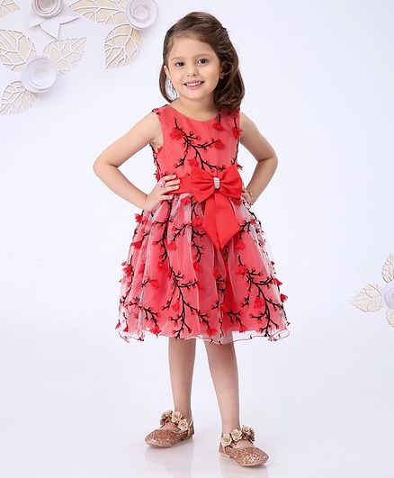 Mark & Mia Sleeveless Frock Floral Embroidery & Bow Applique - Red