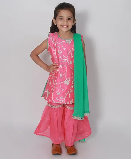KID1 Flower Embroidered Sleeveless Kurta With Sharara & Dupatta - Pink