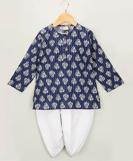 KID1 Saganeri Print Full Sleeves Kurta With Elasticated Dhoti - Blue