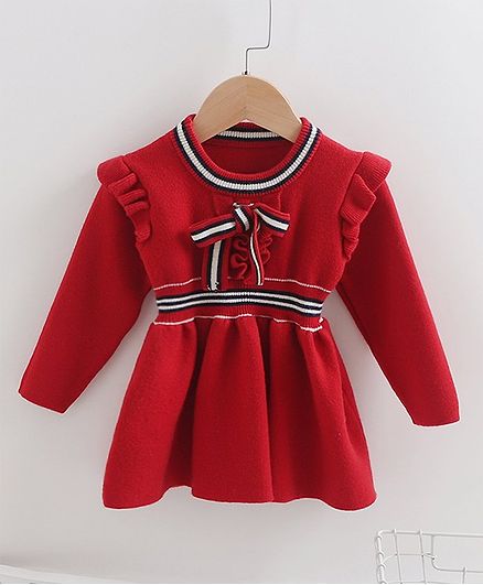 Awabox Striped Full Sleeves Bow Knot Frill Sweater Dress - Red