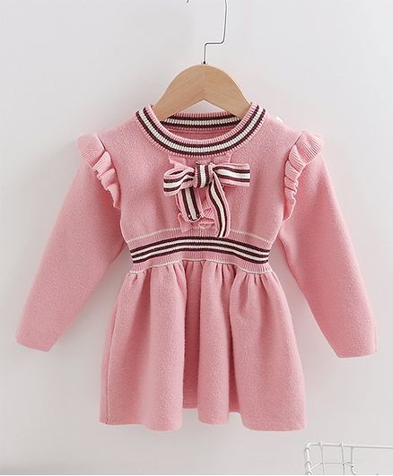 Awabox Striped Full Sleeves Bow Knot Frill Sweater Dress - Light Pink