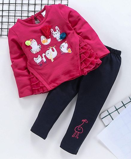 Babyhug Full Sleeves Top With Bottom Set Animal Patch - Navy & Fuchsia