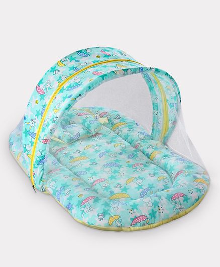 Zoe Baby Mattress With Mosquito Net & Pillow Bunny Print - Green