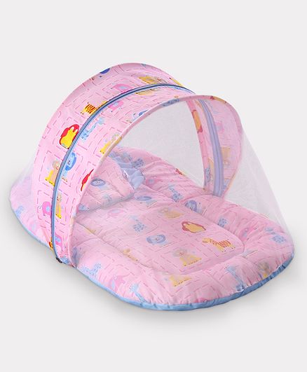 Zoe Baby Mattress With Mosquito Net & Pillow Animal Print - Pink Green
