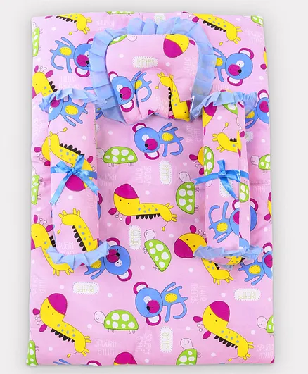 Zoe Cotton Blend 3 Piece Giraffe and monkey Print Baby Gadda Set - Pink