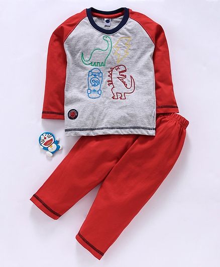 Teddy Full Sleeves T-Shirt & Lounge Pant Animal Print - Grey Red