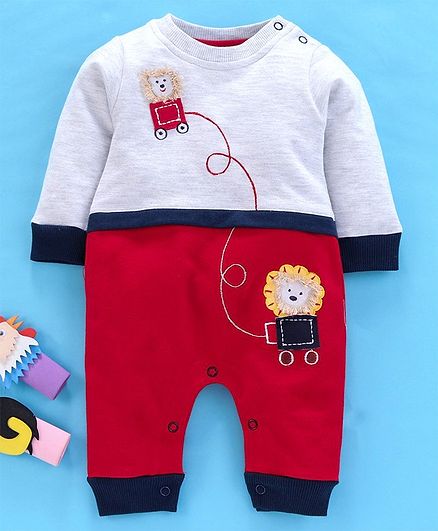 Wonderchild Bear Face Patch Full Sleeves Romper - Grey & Red