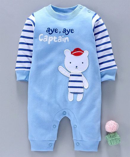 Wonderchild Bear Patch Full Sleeves Romper - Light Blue