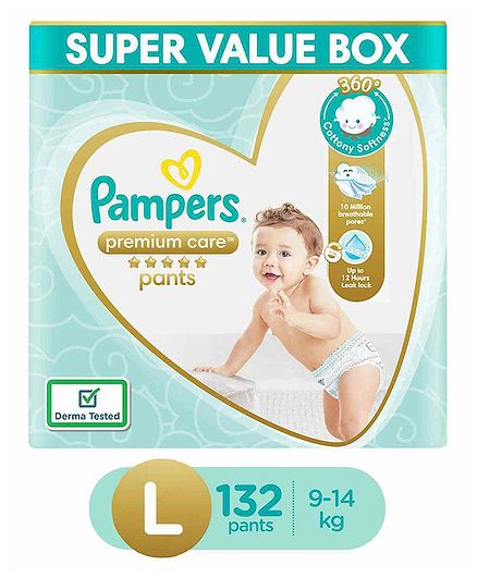 Pampers Premium Care Pants, Large size baby diapers (LG), 132 Count, Softest ever Pampers pants
