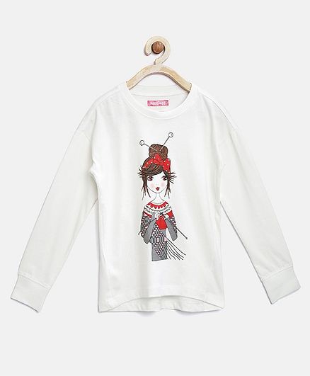 Nauti Nati Girl Printed Full Sleeves Top - White
