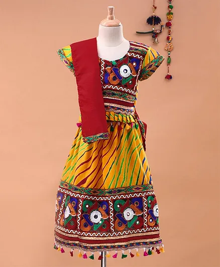 Bownbee Leheriya Print Short Sleeves Choli With Dupatta & Lehenga Set - Yellow