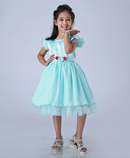 Babyhug Short Sleeves Party Wear Frock Floral Applique - Sea Green
