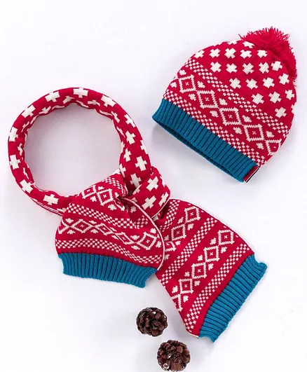 Model Woolen Cap & Muffler Set With Pom Pom - Red