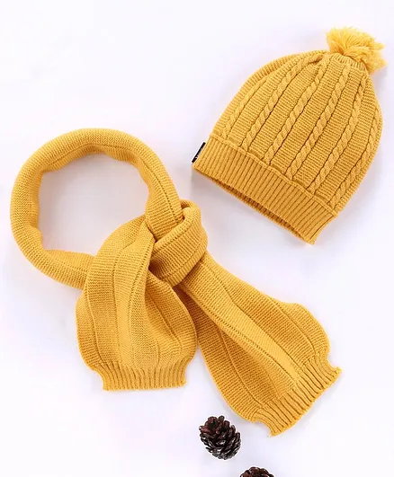 Model Woolen Cap & Muffler Set With Pom Pom - Yellow