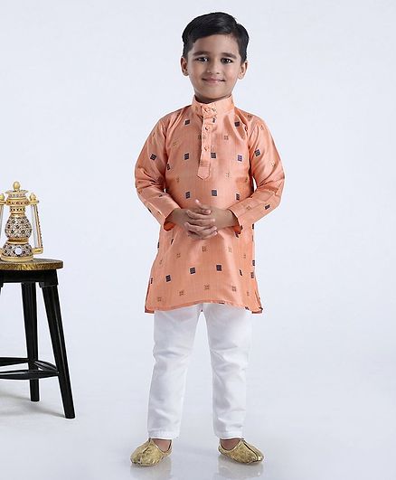 Ridokidz Square Print Full Sleeves Kurta & Pajama Set - Peach & White