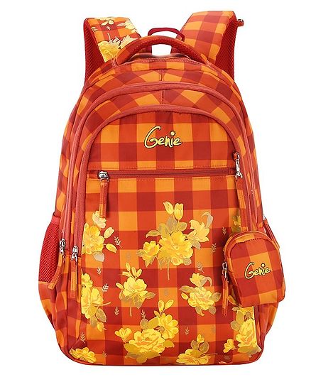 Genie Primrose Check School Bag With Pouch Orange Yellow - 17 Inches