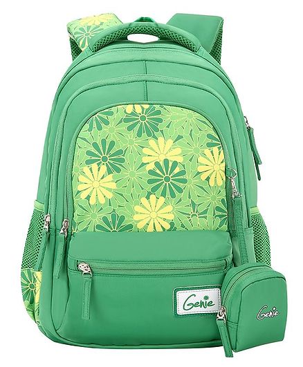 Genie Lily School Bag With Pouch Floral Print Green - 16 Inches
