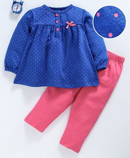 Babyhug Full Sleeves Night Wear Dot Print - Navy Blue Pink