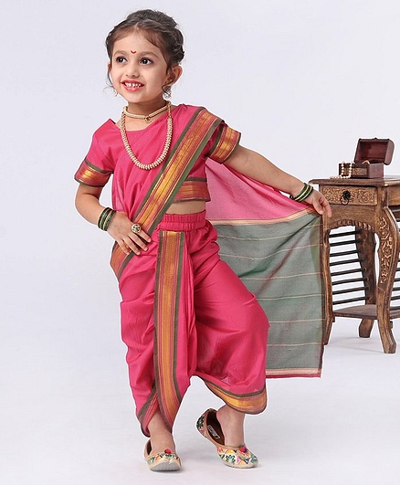 Babyhug Half Sleeves Blouse And Navari Saree - Pink