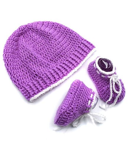 Magic Needles Handmade Cap & Booties Set - Purple & White