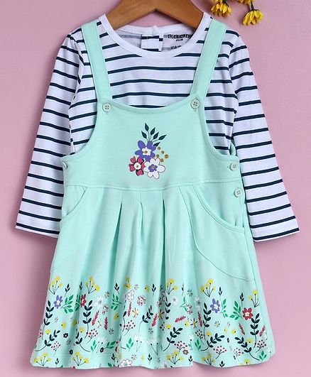 Cucumber Dungaree Style Frock With Stripe Tee Floral Print - Sea Green White