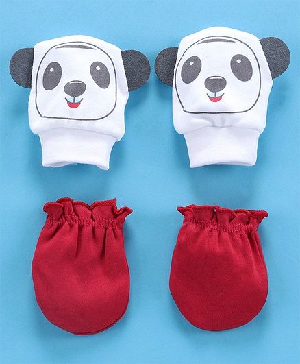 Ben Benny Mittens & Booties Solid Color & Panda 3D Designed Pack Of 2 - Maroon White
