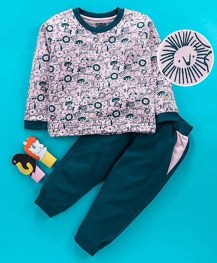 Mini Taurus Full Sleeves Tee & Bottoms Set Animal Print - Grey Green