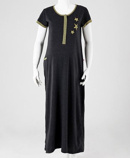 Kriti Short Sleeves Maternity Nursing Nighty Star Embroidery - Black